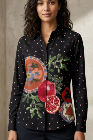 Women's Black Botanical & Pomegranate Print Shirt | Full Sleeve Button-Down Casual Smart Casual Top