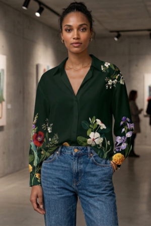 Elegant Dark Green Floral Printed Women's Shirt – Chic Casual Fashion