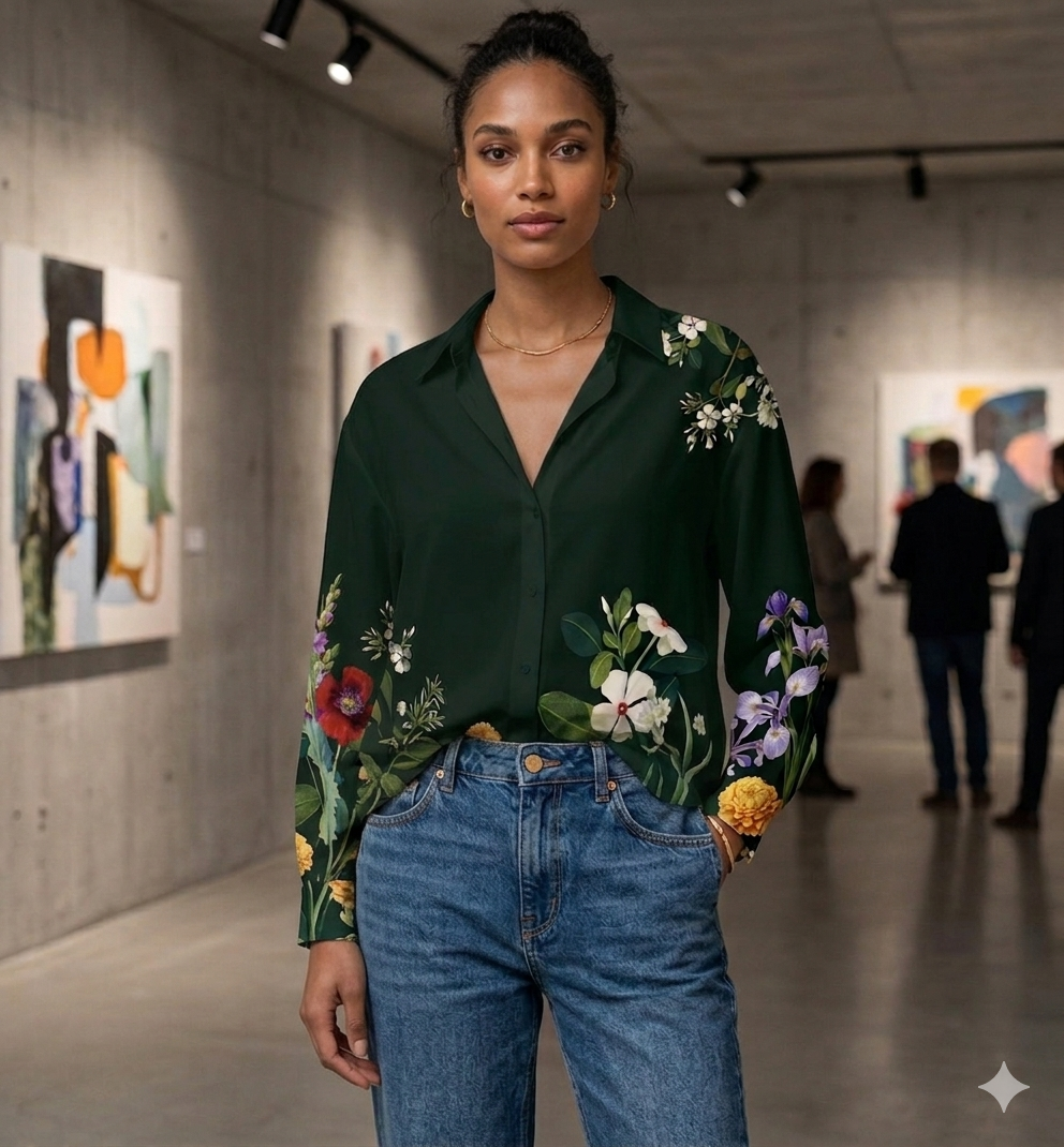 Elegant Dark Green Floral Printed Women's Shirt – Chic Casual Fashion