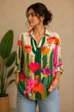 Women's White Cactus & Floral Print Shirt | Full Sleeve Button-Down Casual Resort Wear Shirt