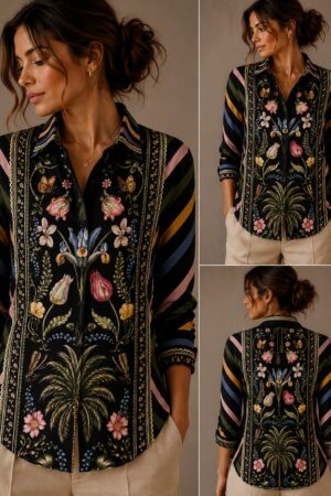 Women's Black Floral Botanical Print Shirt | Full Sleeve Button-Down Casual Designer Shirt