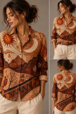 Women's Brown Desert Landscape Print Shirt | Sun & Moon Full Sleeve Button-Down Casual Resort Wear Shirt